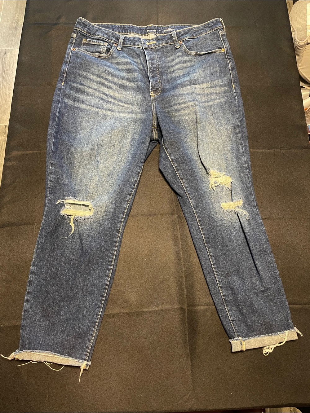 High-rise button fly distressed O.G. Straight Mid-Blue Ripped Jeans size 18